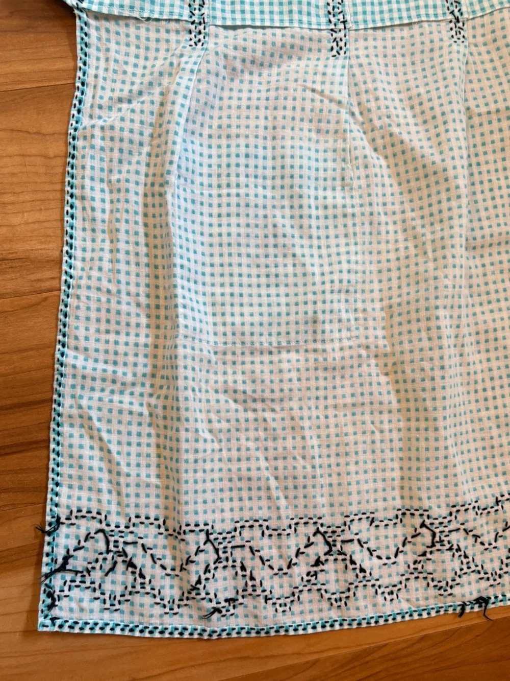 Vintage Blue Checked Apron with Embroidered Details